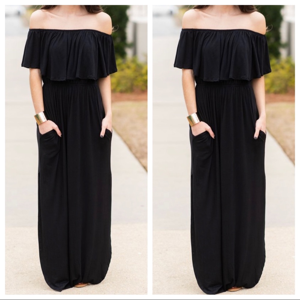 LAYERED OFF THE SHOULDER MAXI DRESS W/POCKETS - Picture 2 of 4